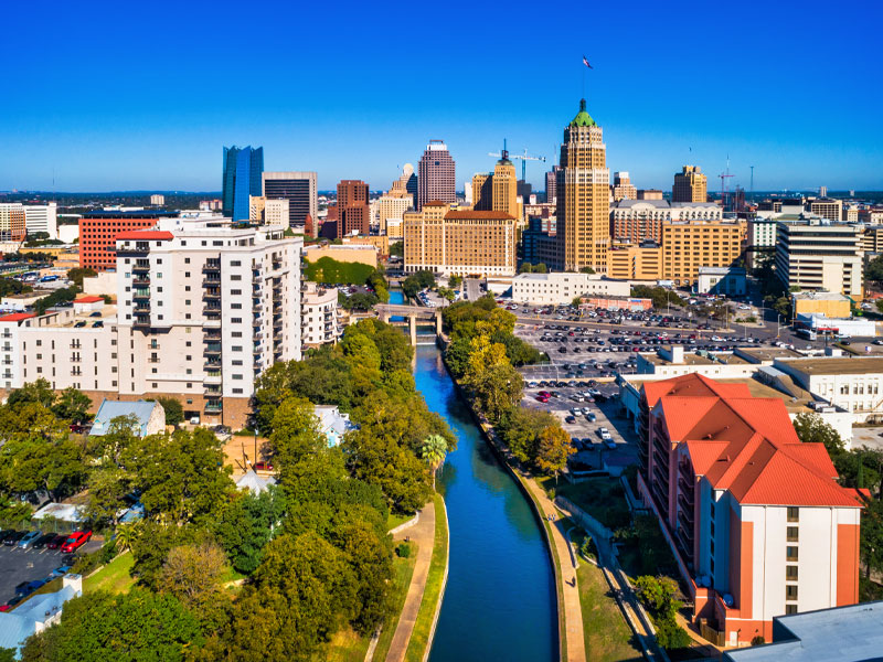 San Antonio skyline with a body of water running through
